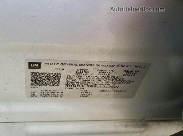 3GNCJLSB6LL213527 2020 CHEVROLET TRAX Silver Vista de la etiqueta del VIN
