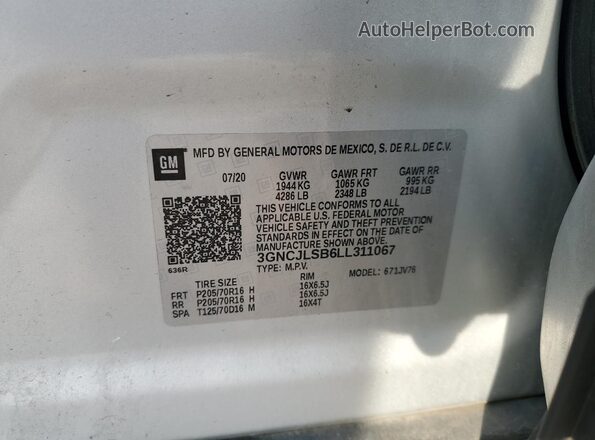 3GNCJLSB6LL311067 2020 CHEVROLET TRAX Silver Панорамний вид салону 360°