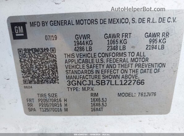 3GNCJLSB7LL122766 2020 CHEVROLET TRAX White Вид підкапотного простору