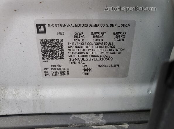 3GNCJLSB7LL310509 2020 CHEVROLET TRAX Silver Vista de la etiqueta del VIN