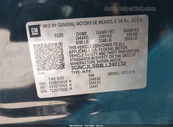 3GNCJLSB8LL240132 2020 CHEVROLET TRAX Black ძრავის განყოფილების ხედი