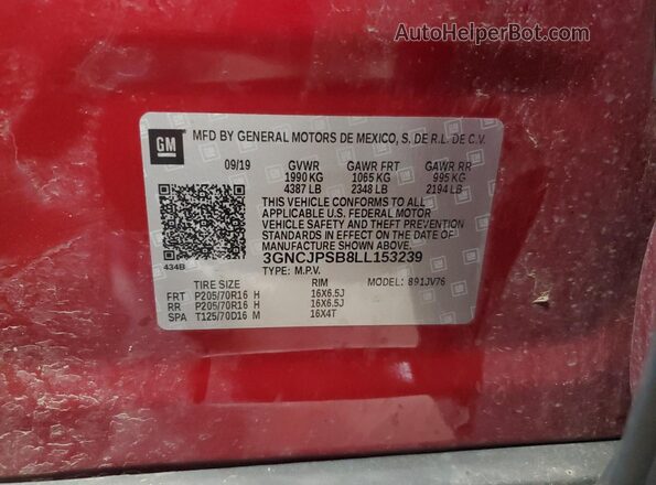 3GNCJPSB8LL153239 2020 CHEVROLET TRAX Red VIN sticker view