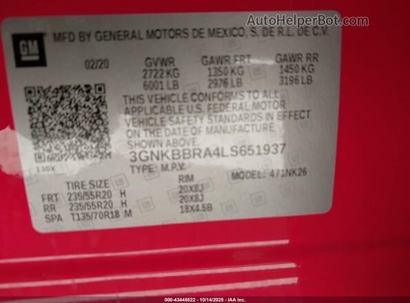 3GNKBBRA4LS651937 2020 CHEVROLET BLAZER Red ძრავის განყოფილების ხედი