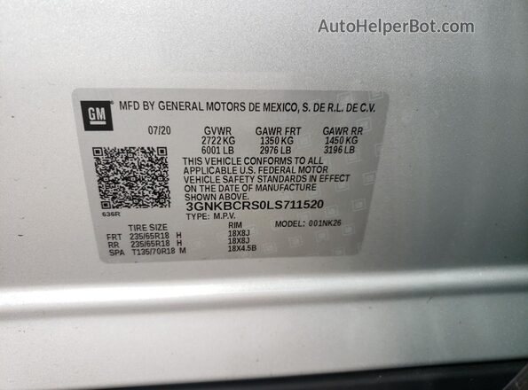 3GNKBCRS0LS711520 2020 CHEVROLET BLAZER Silver VIN կոդի պիտակի տեսք