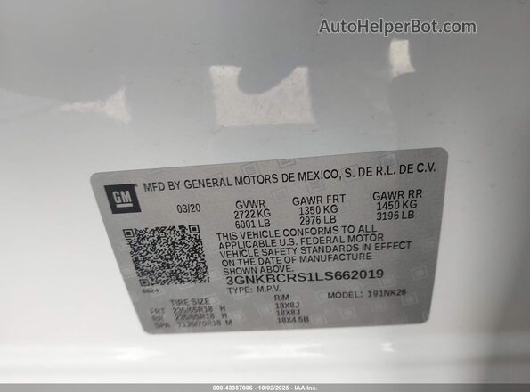 3GNKBCRS1LS662019 2020 CHEVROLET BLAZER White Vista del compartimento del motor