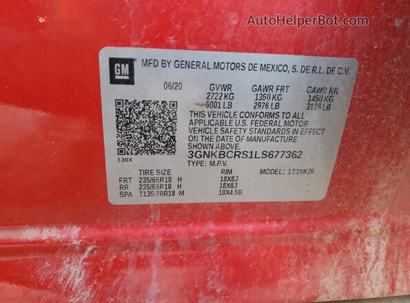 3GNKBCRS1LS677362 2020 CHEVROLET BLAZER Red Вид наклейки з VIN-кодом