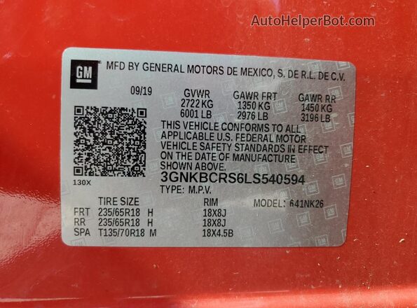 3GNKBCRS6LS540594 2020 CHEVROLET BLAZER Red Вид наклейки з VIN-кодом