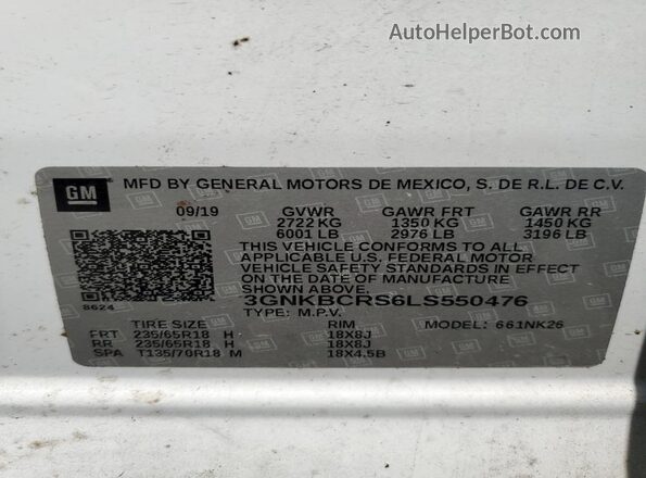 3GNKBCRS6LS550476 2020 CHEVROLET BLAZER White VIN sticker view