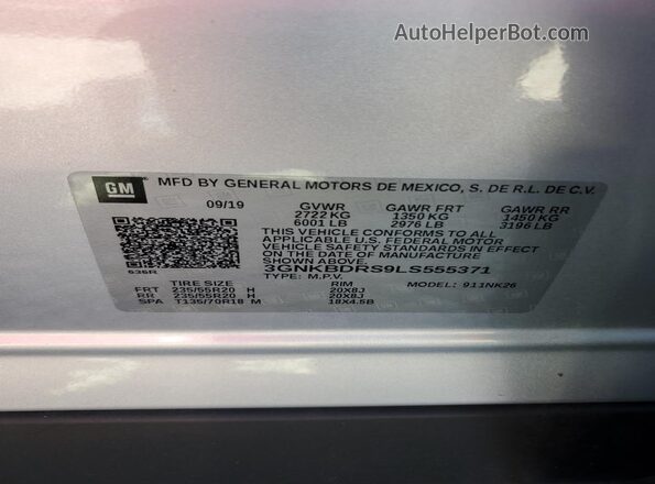 3GNKBDRS9LS555371 2020 CHEVROLET BLAZER Silver VIN sticker view