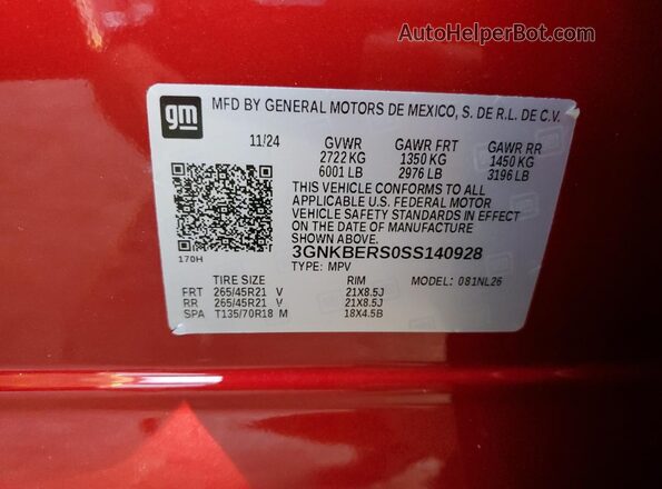 3GNKBERS0SS140928 2025 CHEVROLET BLAZER Red Vista de la etiqueta del VIN