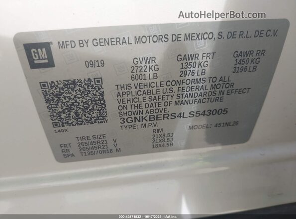 3GNKBERS4LS543005 2020 CHEVROLET BLAZER White Вид підкапотного простору
