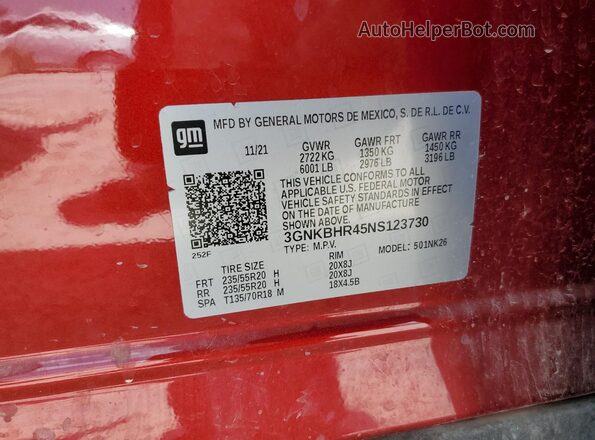 3GNKBHR45NS123730 2022 CHEVROLET BLAZER Red Вид наклейки з VIN-кодом