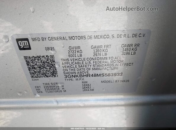 3GNKBHR48MS583933 2021 CHEVROLET BLAZER Silver Engine compartment view