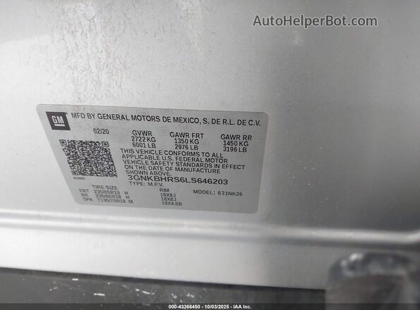 3GNKBHRS6LS646203 2020 CHEVROLET BLAZER Silver Vista del compartimento del motor