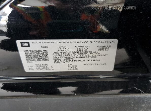 3GNKBKRS9LS701854 2020 CHEVROLET BLAZER Черный Вид наклейки с VIN-кодом