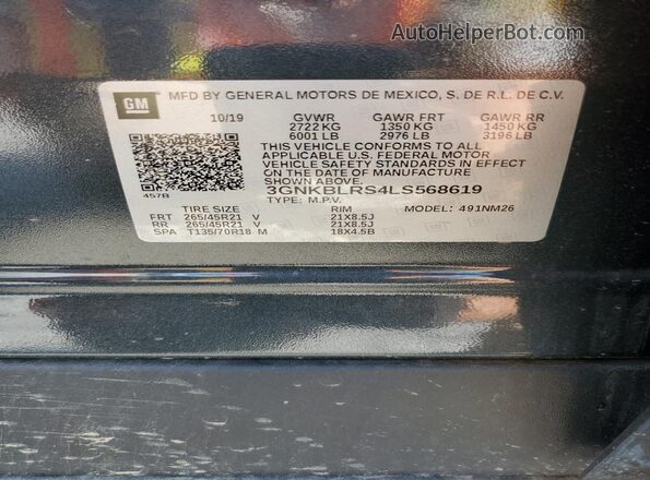 3GNKBLRS4LS568619 2020 CHEVROLET BLAZER Черный Вид наклейки с VIN-кодом
