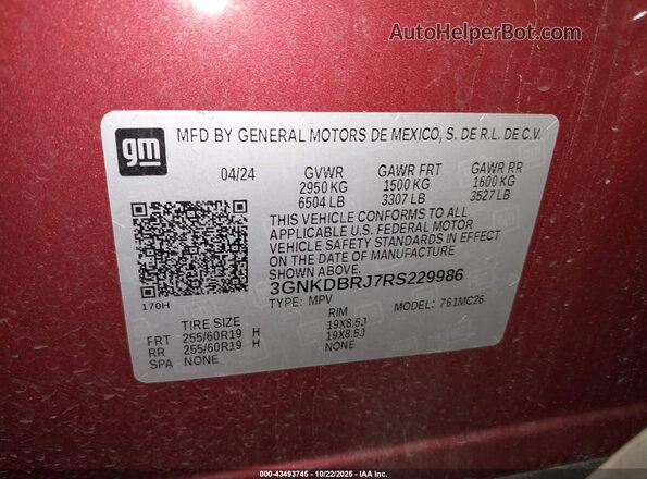 3GNKDBRJ7RS229986 2024 CHEVROLET OTHER Red Вид підкапотного простору