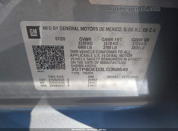 3GTP8DED3LG368649 2020 GMC SIERRA Gray Вид підкапотного простору