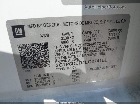 3GTP8DED4LG274151 2020 GMC SIERRA White Widok komory silnika