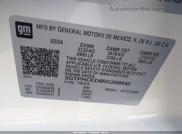 3GTPHCED6RG268645 2024 GMC SIERRA White ძრავის განყოფილების ხედი