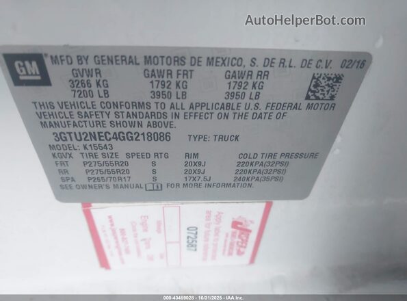 3GTU2NEC4GG218086 2016 GMC SIERRA Белый Вид подкапотного пространства
