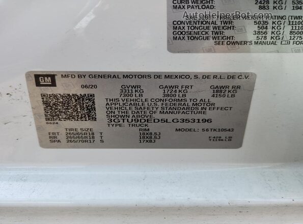 3GTU9DED5LG353196 2020 GMC SIERRA White Շարժիչի բաժամունքի տեսք