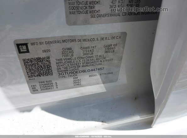 3GTU9DED6LG447457 2020 GMC SIERRA White Vista del compartimento del motor