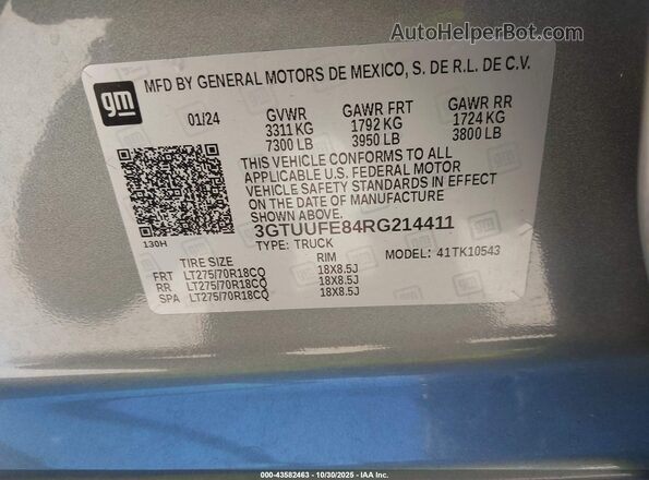 3GTUUFE84RG214411 2024 GMC SIERRA Gray ძრავის განყოფილების ხედი