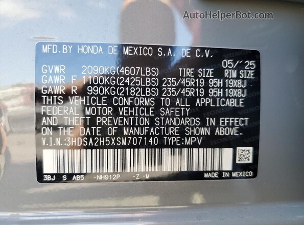 3HDSA2H5XSM707140 2025 ACURA ADX Gray Widok naklejki z numerem VIN