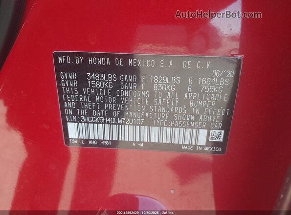 3HGGK5H40LM720107 2020 HONDA FIT Красный Вид подкапотного пространства
