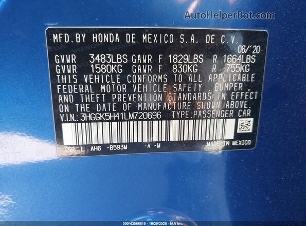 3HGGK5H41LM720696 2020 HONDA FIT Blue Vista del compartimento del motor