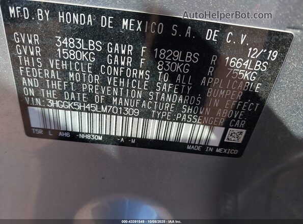 3HGGK5H45LM701309 2020 HONDA FIT Silver Вид підкапотного простору