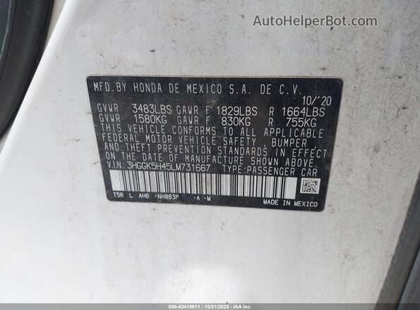3HGGK5H45LM731667 2020 HONDA FIT White Вид підкапотного простору