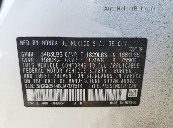 3HGGK5H46LM701514 2020 HONDA FIT White Շարժիչի բաժամունքի տեսք