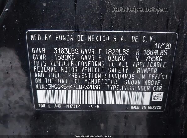 3HGGK5H47LM732836 2020 HONDA FIT Black Вид підкапотного простору