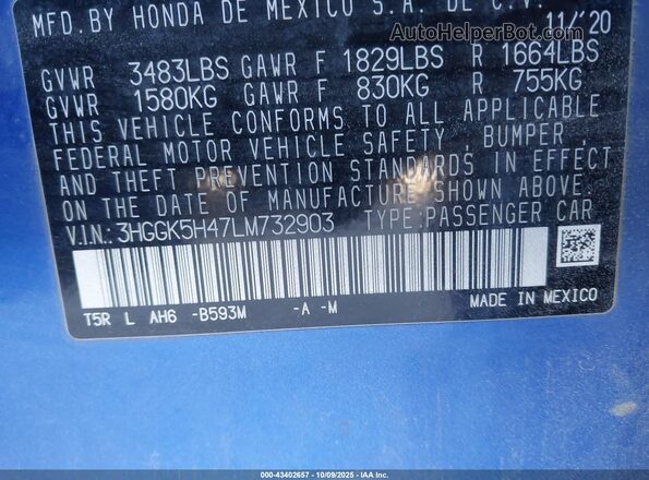 3HGGK5H47LM732903 2020 HONDA FIT Blue 