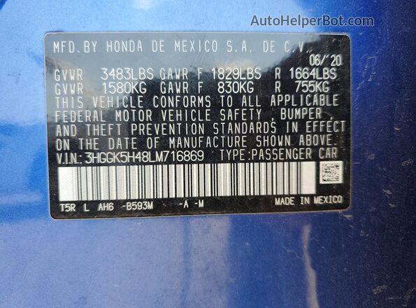 3HGGK5H48LM716869 2020 HONDA FIT Blue Вид наклейки з VIN-кодом