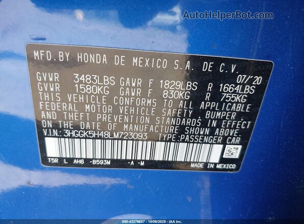 3HGGK5H48LM723093 2020 HONDA FIT Blue Widok komory silnika
