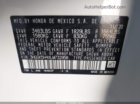 3HGGK5H4XLM732958 2020 HONDA FIT Белый Вид подкапотного пространства