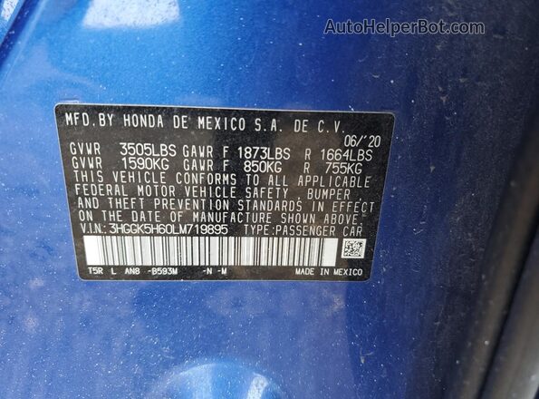 3HGGK5H60LM719895 2020 HONDA FIT Blue Widok komory silnika
