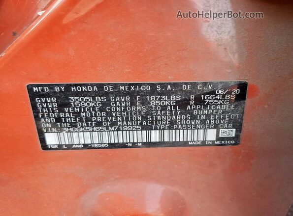 3HGGK5H65LM719925 2020 HONDA FIT Orange Vista del compartimento del motor