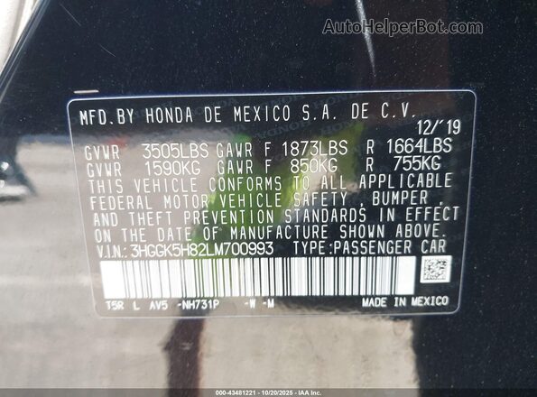 3HGGK5H82LM700993 2020 HONDA FIT Черный Вид подкапотного пространства