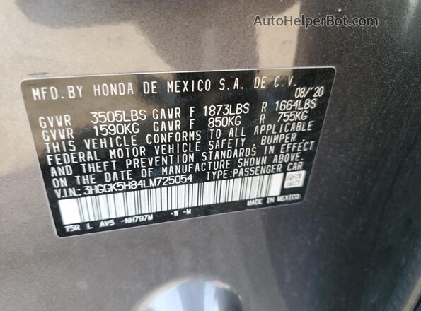 3HGGK5H84LM725054 2020 HONDA FIT Gray Engine compartment view
