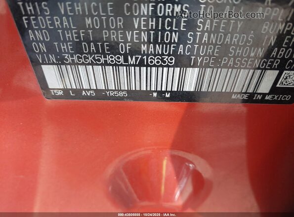 3HGGK5H89LM716639 2020 HONDA FIT Orange Вид підкапотного простору