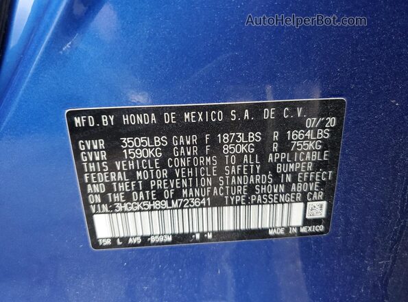 3HGGK5H89LM723641 2020 HONDA FIT Blue VIN sticker view