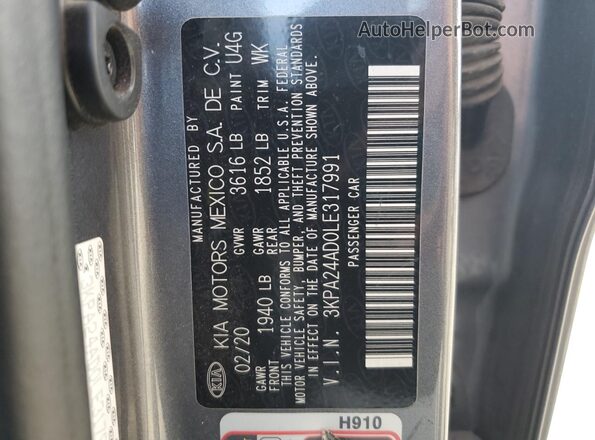 3KPA24AD0LE317991 2020 KIA RIO Gray Engine compartment view