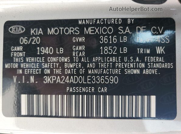 3KPA24AD0LE336590 2020 KIA RIO Silver VIN sticker view