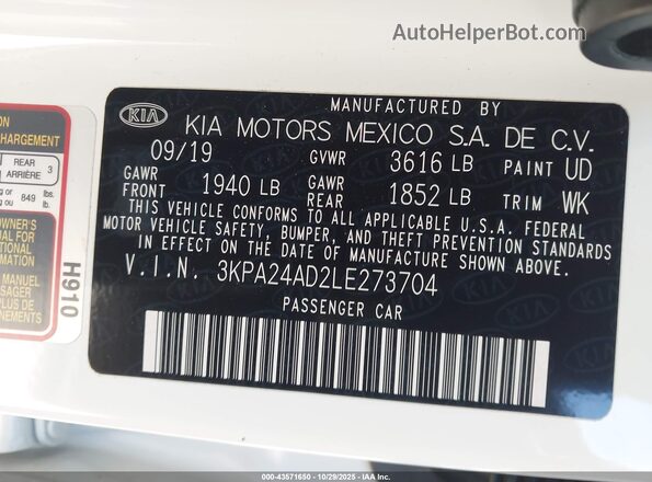 3KPA24AD2LE273704 2020 KIA RIO White Շարժիչի բաժամունքի տեսք