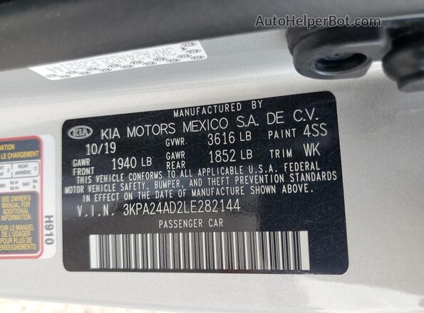 3KPA24AD2LE282144 2020 KIA RIO Silver Vista de la etiqueta del VIN