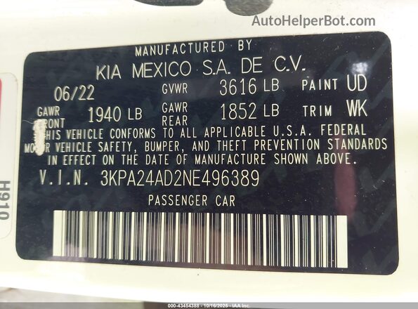 3KPA24AD2NE496389 2022 KIA RIO White 
